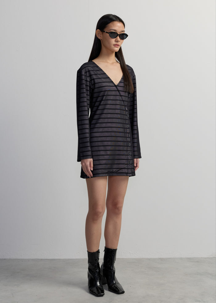 BLACK STRIPED WRAP DRESS