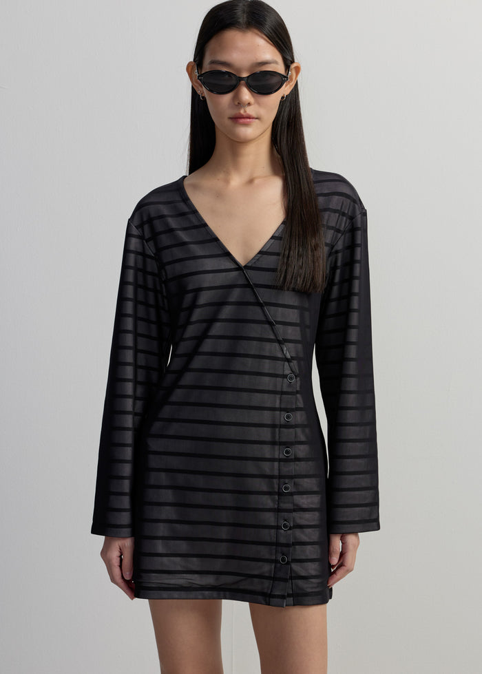 BLACK STRIPED WRAP DRESS