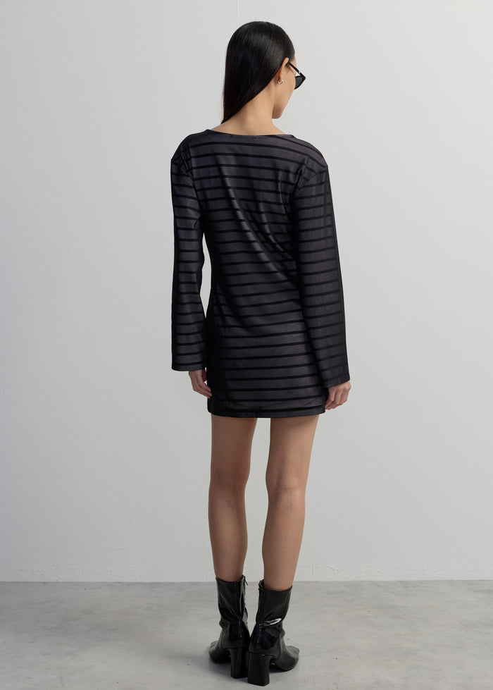 BLACK STRIPED WRAP DRESS
