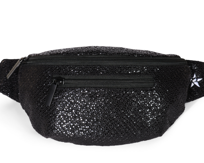 Black glittery sling bag on a white background