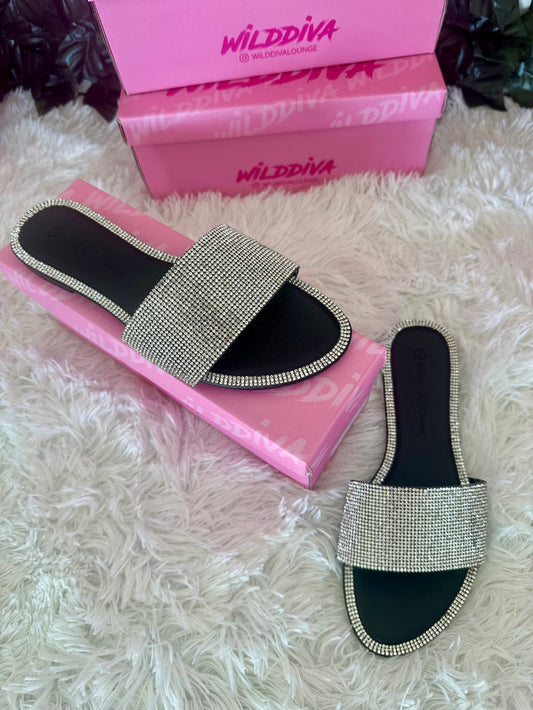 Black/Silver Embellished Slip On Sandals