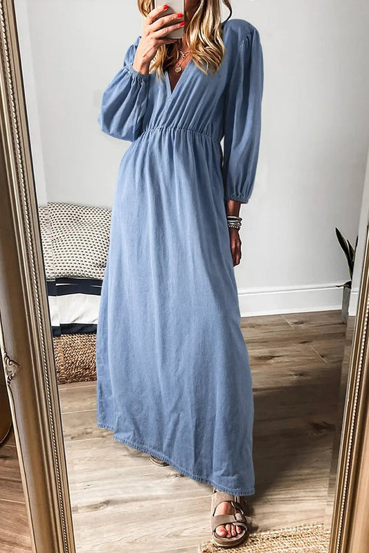 Blue Chambray Deep V Neck Bracelet Sleeve Maxi Dress - MYOSOTIS / S / 100% COTTON - Dresses/Maxi Dresses