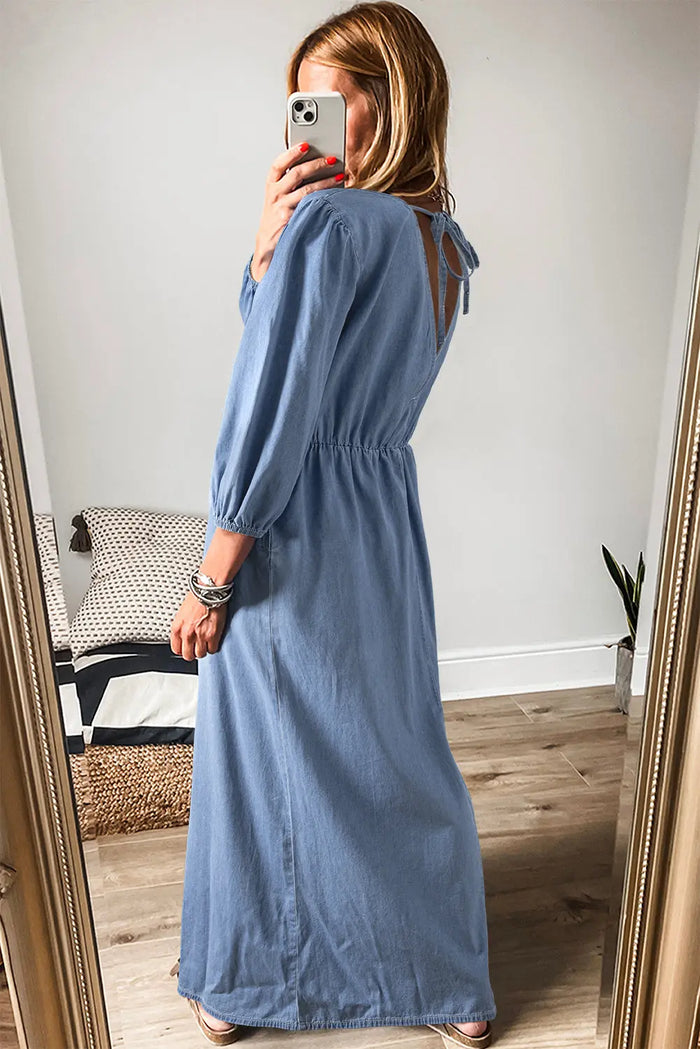 Blue Chambray Deep V Neck Bracelet Sleeve Maxi Dress - Dresses/Maxi Dresses