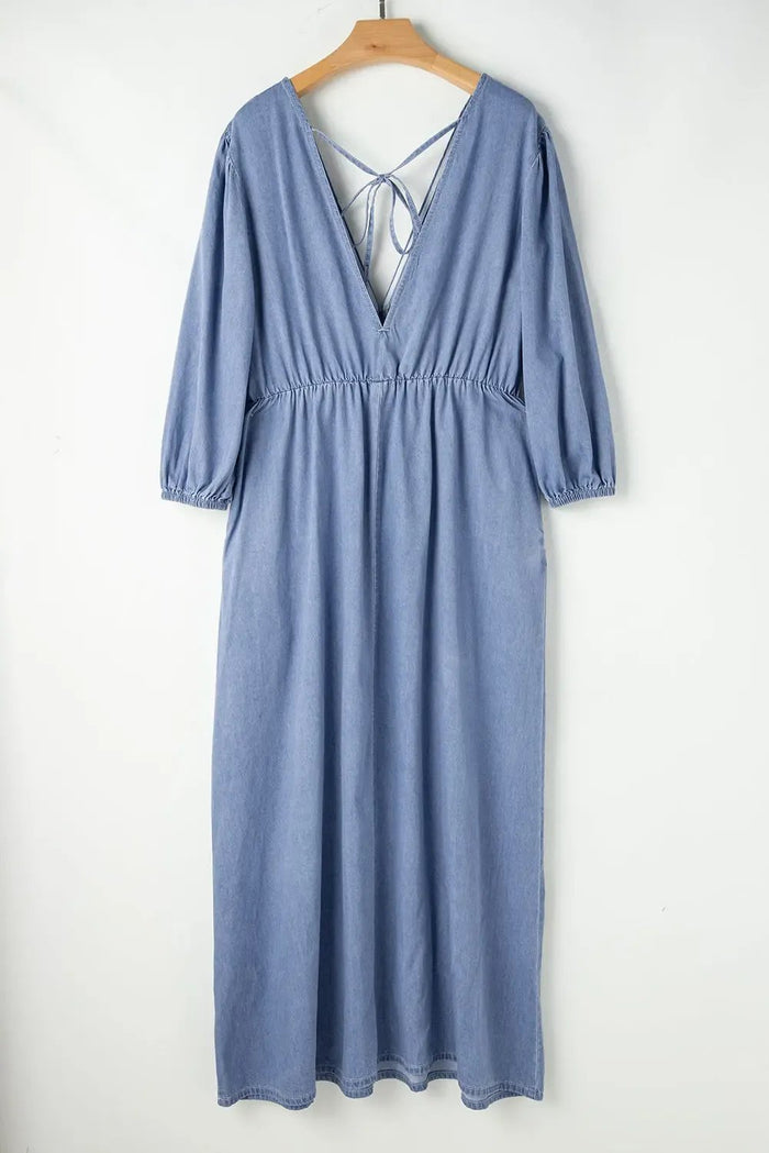 Blue Chambray Deep V Neck Bracelet Sleeve Maxi Dress - Dresses/Maxi Dresses