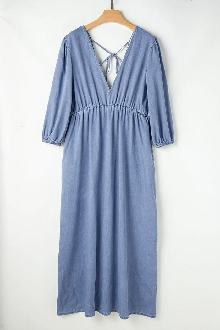 Blue Chambray Deep V Neck Bracelet Sleeve Maxi Dress - Dresses/Maxi Dresses