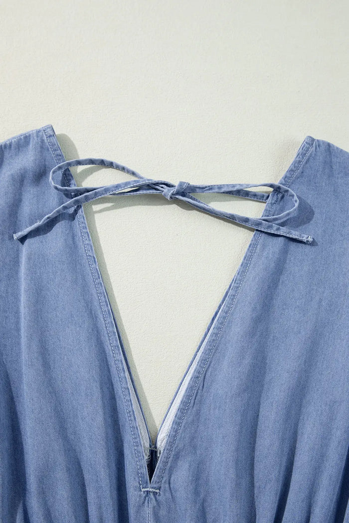 Blue Chambray Deep V Neck Bracelet Sleeve Maxi Dress - Dresses/Maxi Dresses