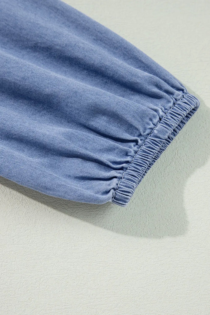 Blue Chambray Deep V Neck Bracelet Sleeve Maxi Dress - Dresses/Maxi Dresses
