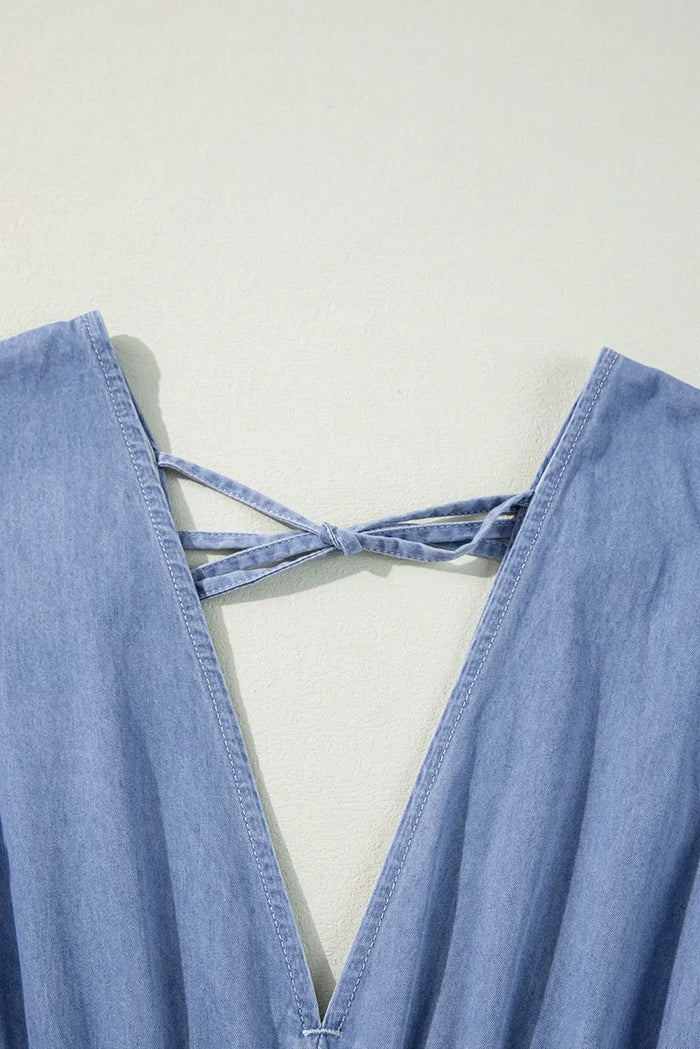 Blue Chambray Deep V Neck Bracelet Sleeve Maxi Dress - Dresses/Maxi Dresses