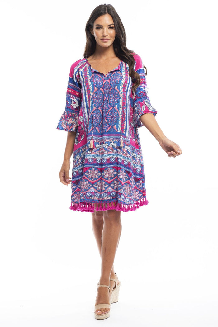 Blue St Tropez boho 3/4 sleeve tunic dress by Orientique, featuring flowy fabric and relaxed fit, perfect for casual wear.