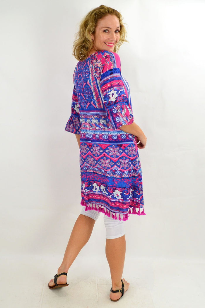 Blue St Tropez tunic dress with 3/4 sleeves by Orientique, featuring a relaxed fit and lightweight fabric.