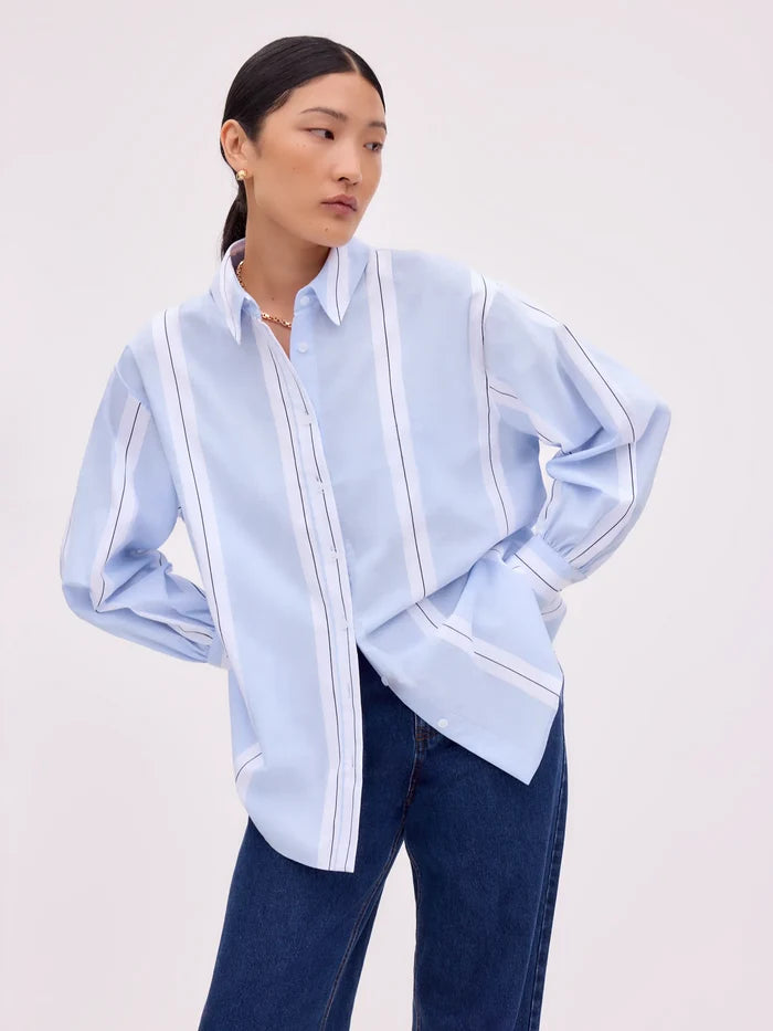 Blue Striped Cross Over Back Cotton Shirt