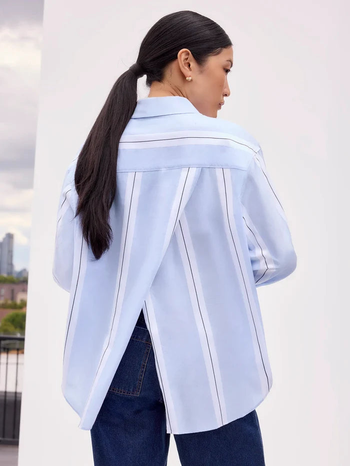 Blue Striped Cross Over Back Cotton Shirt