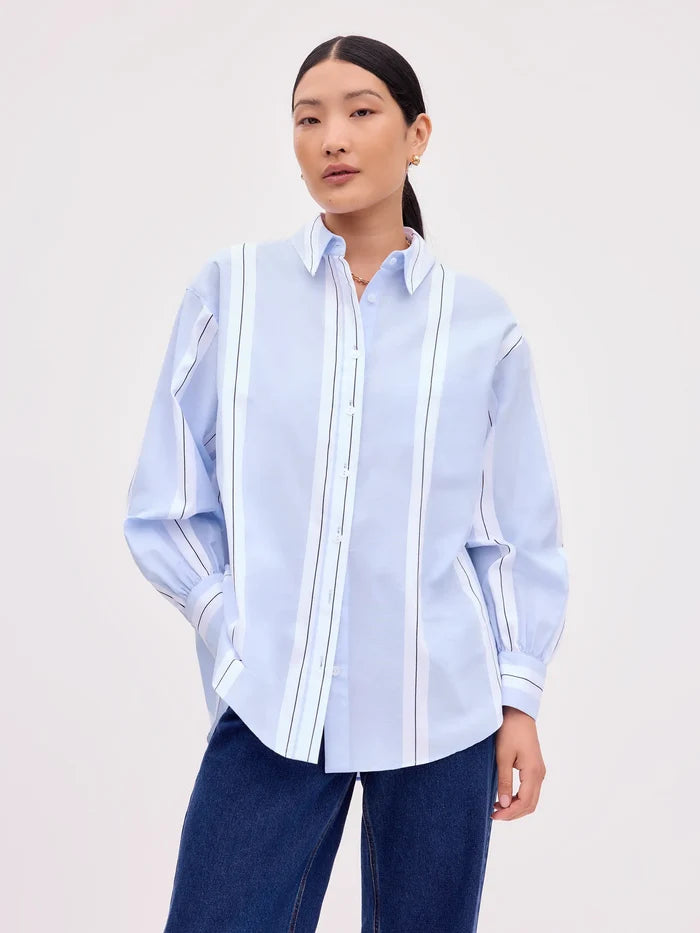 Blue Striped Cross Over Back Cotton Shirt