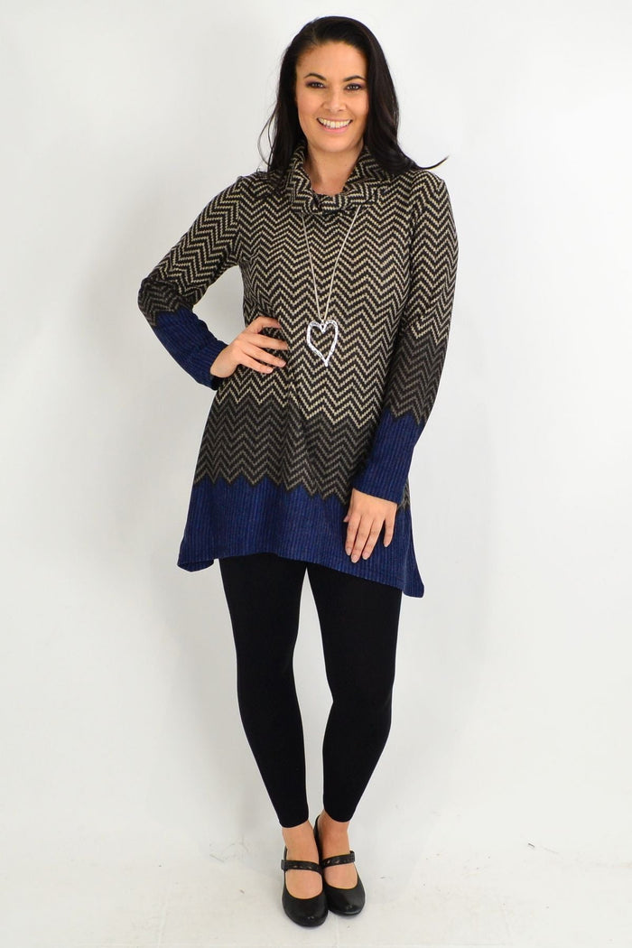 Blue zig zag print Whispers winter tunic with roll neck, featuring a cozy, stylish design perfect for cold weather wear.