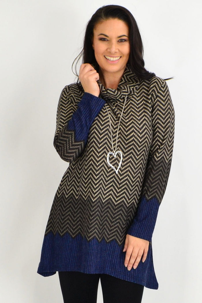 Blue zigzag patterned Whispers winter tunic with a roll neck, featuring a stylish and cozy design perfect for cold weather.