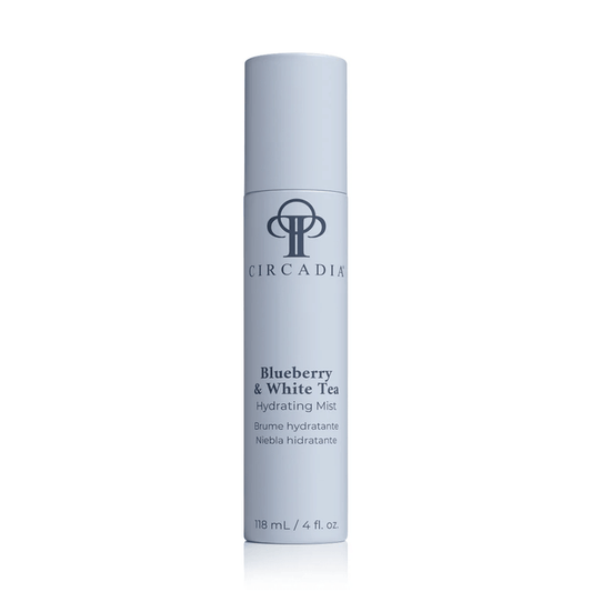 Sleek white bottle of Blueberry & White Tea Hydrating Mist | Circadia, a refreshing skincare mist designed to hydrate and revitalize the skin.