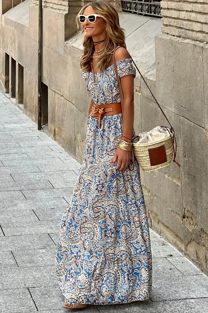 Blue Boho Paisley Print Off Shoulder Maxi Dress - Dresses/Floral Dresses