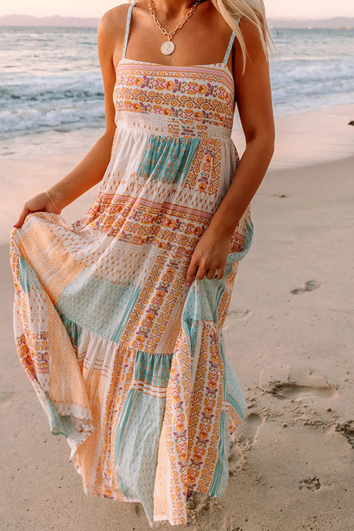MultiColour Boho Patchwork Print Square Neck Maxi Sundress - MULTICOLOR / S / 100% POLYESTER - Dresses/Maxi Dresses
