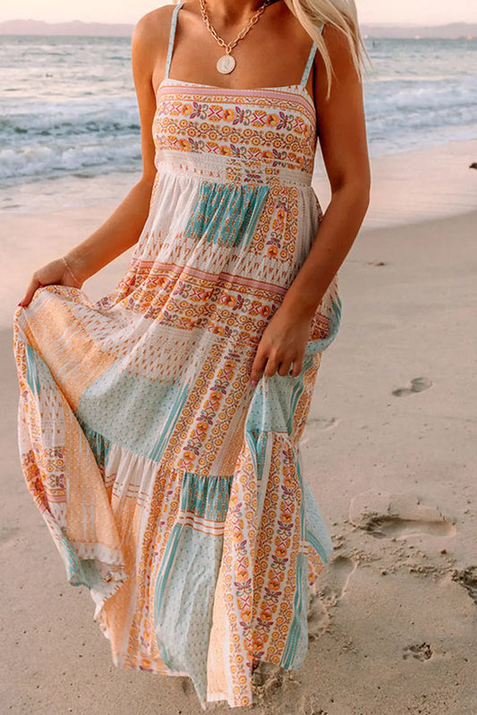 MultiColour Boho Patchwork Print Square Neck Maxi Sundress - MULTICOLOR / S / 100% POLYESTER - Dresses/Maxi Dresses