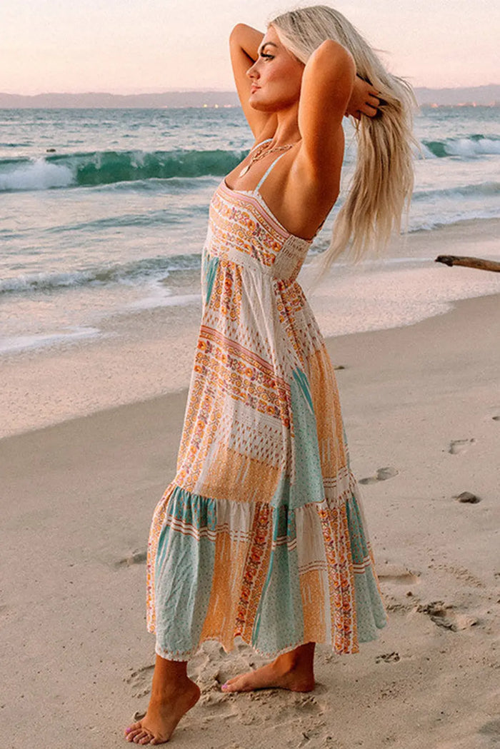 MultiColour Boho Patchwork Print Square Neck Maxi Sundress - Dresses/Maxi Dresses