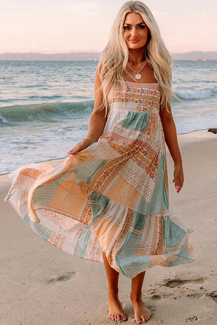 MultiColour Boho Patchwork Print Square Neck Maxi Sundress - Dresses/Maxi Dresses