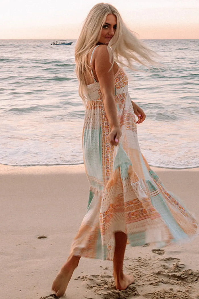 MultiColour Boho Patchwork Print Square Neck Maxi Sundress - Dresses/Maxi Dresses