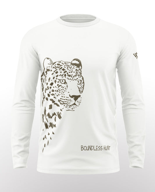 White full sleeve men's t-shirt with leopard print and 'Boundless Hunt' text on front