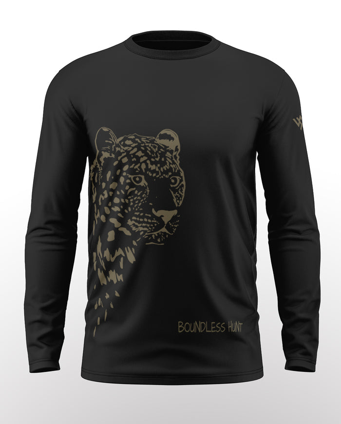 Black full sleeve t-shirt with large leopard graphic and 'Boundless Hunt' text on front.