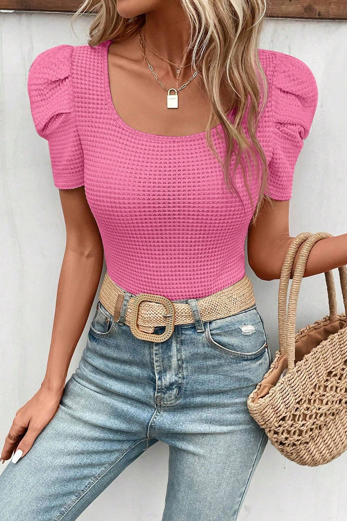 Bright Pink Waffle Knit Ruched Puff Sleeve Top - BRIGHT PINK / S / 95% POLYESTER + 5% ELASTANE - Tops/Tops & Tees