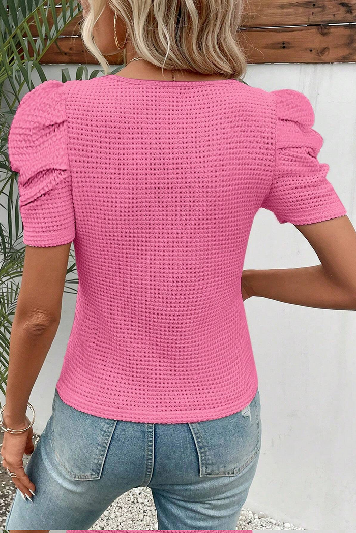 Bright Pink Waffle Knit Ruched Puff Sleeve Top - Tops/Tops & Tees