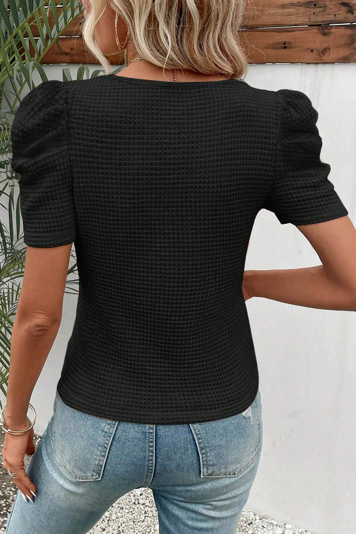 Bright Pink Waffle Knit Ruched Puff Sleeve Top - Tops/Tops & Tees