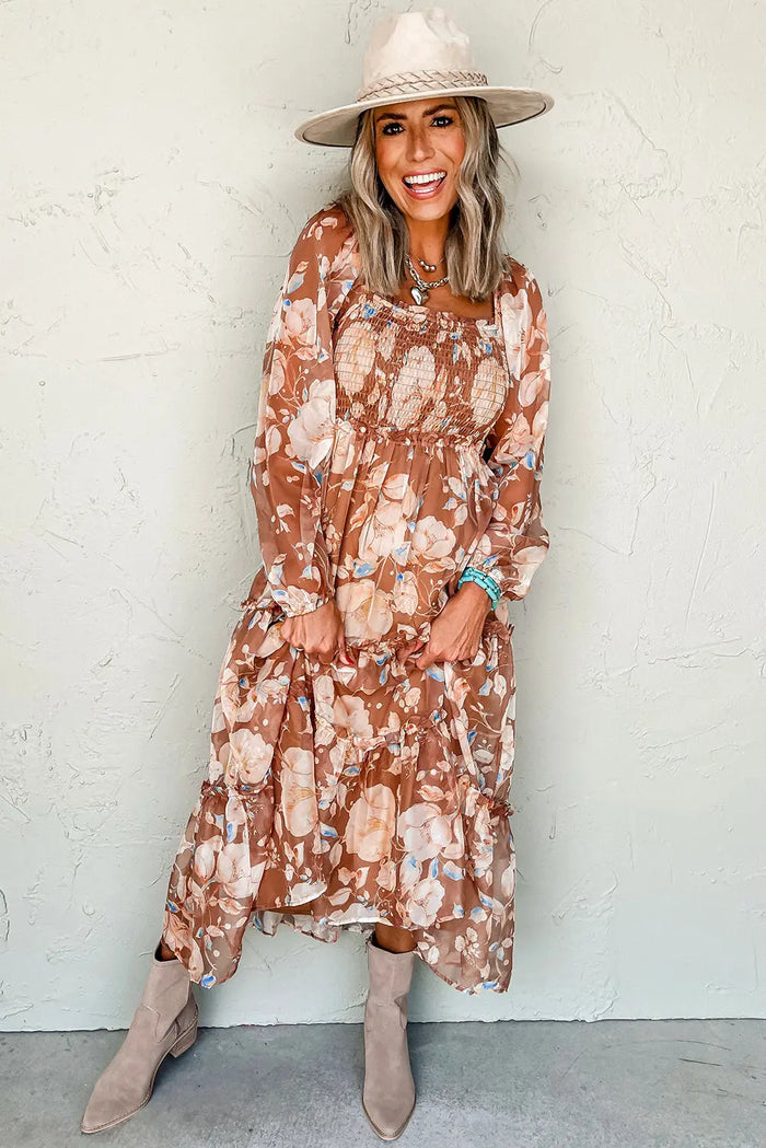 Brown Floral Print Shirred Square Neck High Waist Maxi Dress - Dresses/Maxi Dresses