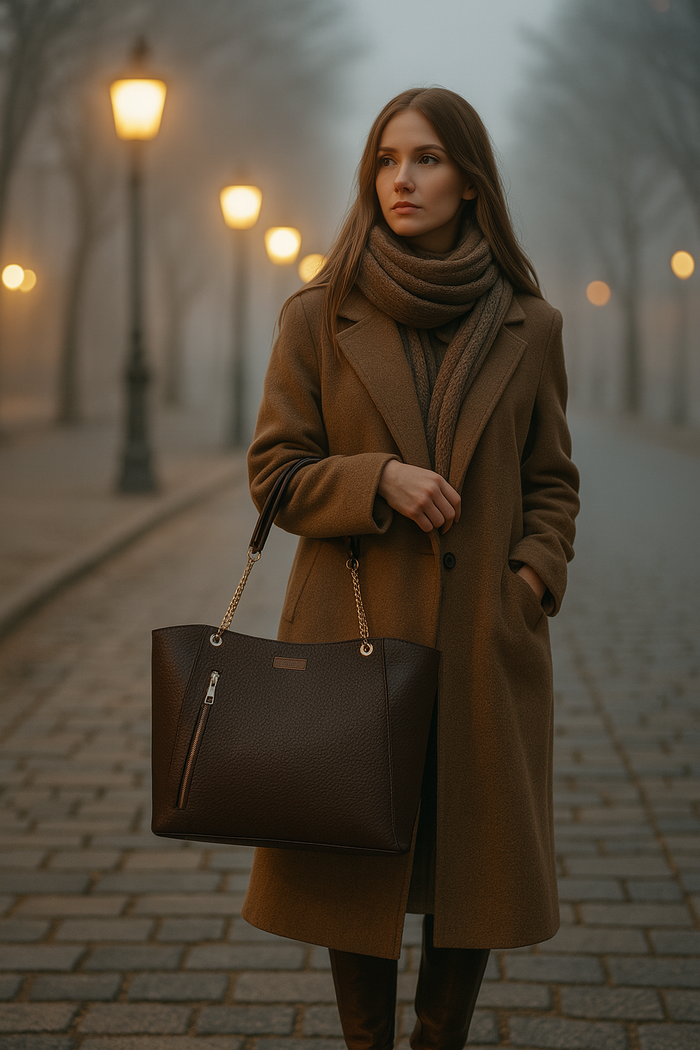 Women’s brown vegan leather satchel tote shoulder bag for work, office and everyday use-model image