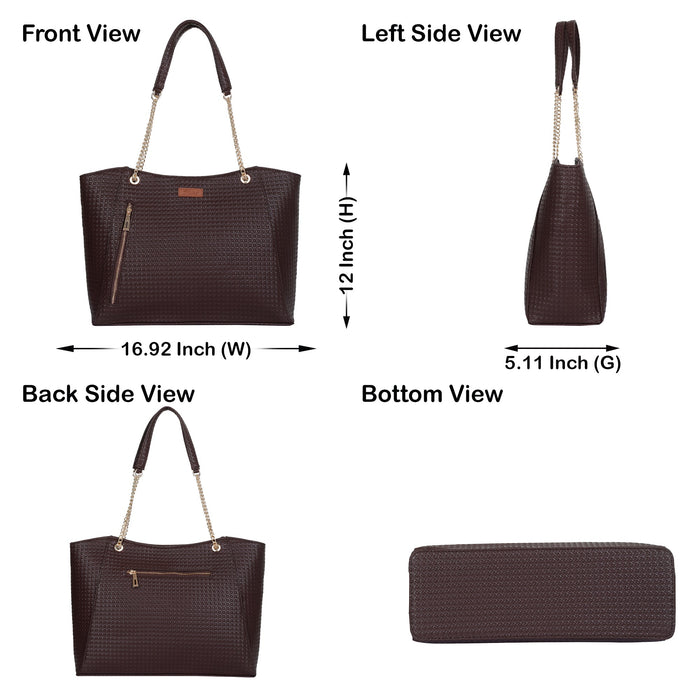 Women’s brown vegan leather satchel tote shoulder bag for work, office and everyday use-infographic image