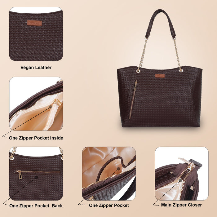 Women’s brown vegan leather satchel tote shoulder bag for work, office and everyday use-feature image