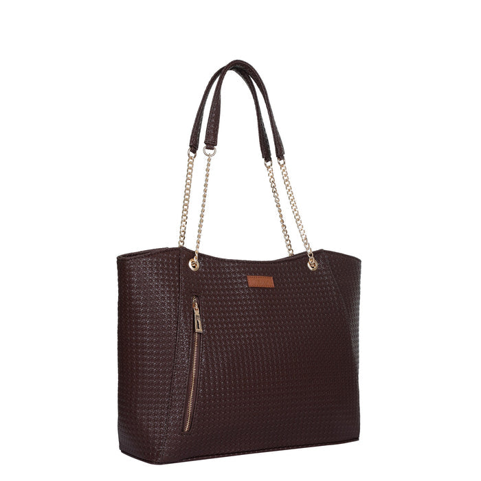Women’s brown vegan leather satchel tote shoulder bag for work, office and everyday use-half side image