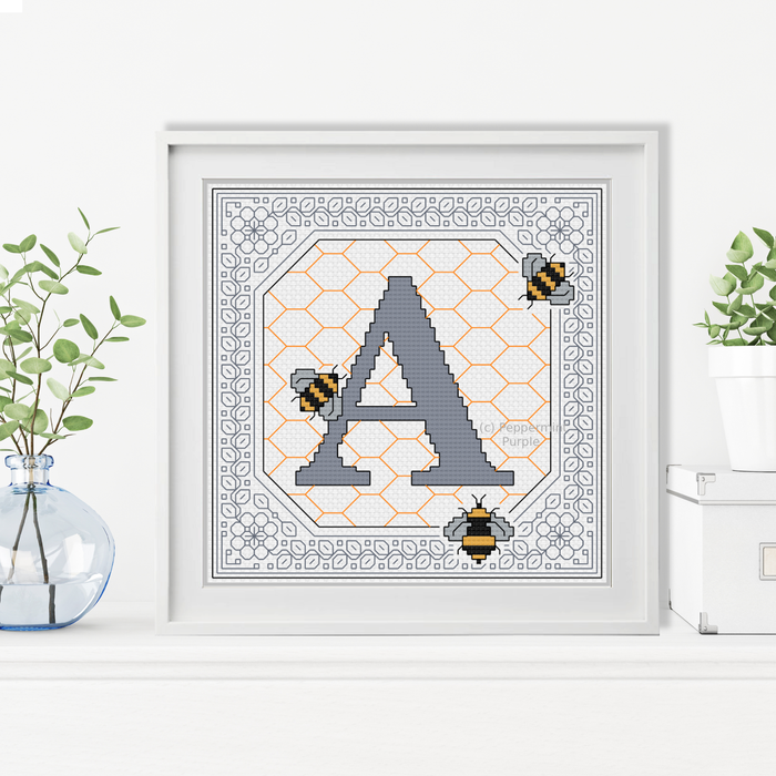 Bumble Bee Letters Blackwork Pattern by Peppermint Purple