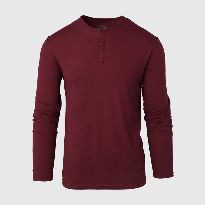 Burgundy Classic Long Sleeve Henley with three-button placket visible.