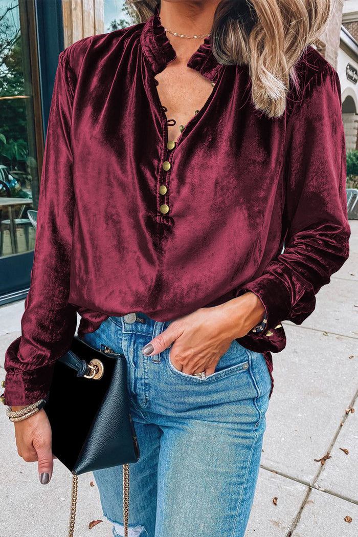 Burgundy Frilled Neck Buttoned Front Velvet Top - Biking Red / S / 95% Polyester + 5% Elastane - Tops/Blouses & Shirts