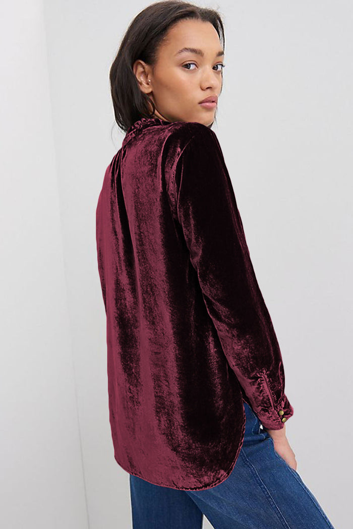Burgundy Frilled Neck Buttoned Front Velvet Top - Tops/Blouses & Shirts