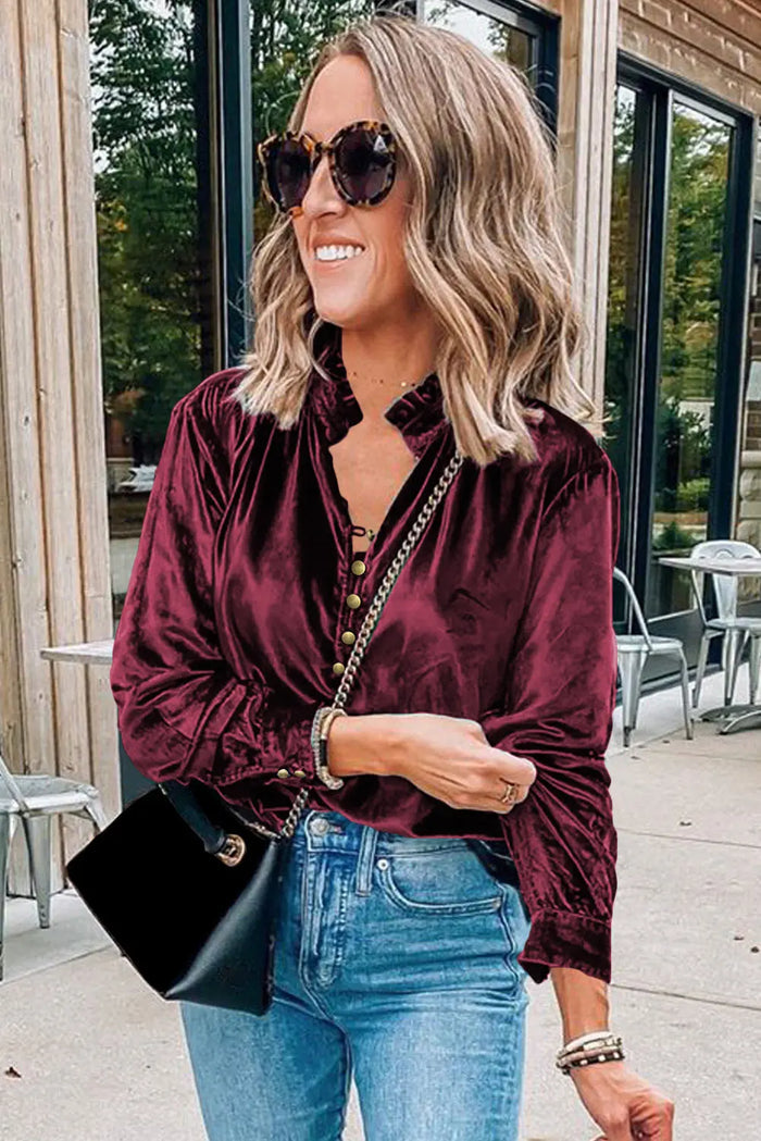 Burgundy Frilled Neck Buttoned Front Velvet Top - Tops/Blouses & Shirts