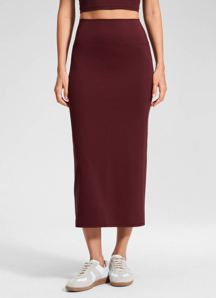 CRZ YOGA Women's Butterlift High Rise Slim Fit Maxi Pencil Skirt Red Merlot