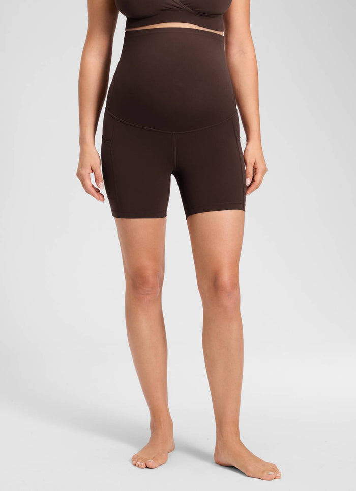 CRZ YOGA Women's Maternity Biker Shorts with Pockets Super High Rise Butterluxe 5'' Hot Fudge Brown