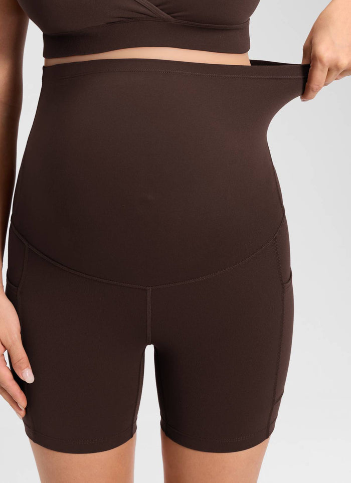 CRZ YOGA Women's Maternity Biker Shorts with Pockets Super High Rise Butterluxe 5'' Hot Fudge Brown