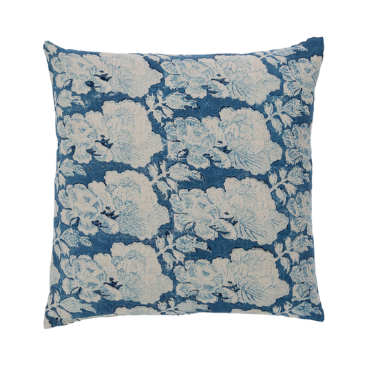 Cabbage Rose Indigo Decorative Pillow, Indigo on Natural