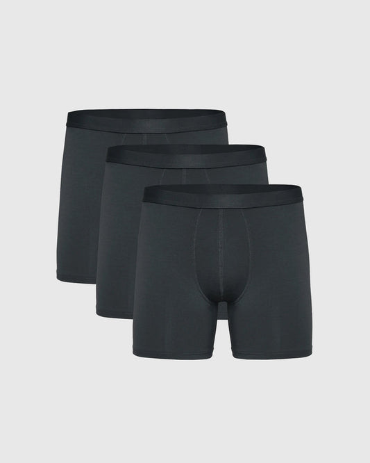 Carbon Boxer Briefs 3-Pack arranged in staggered row, showcasing sleek design.