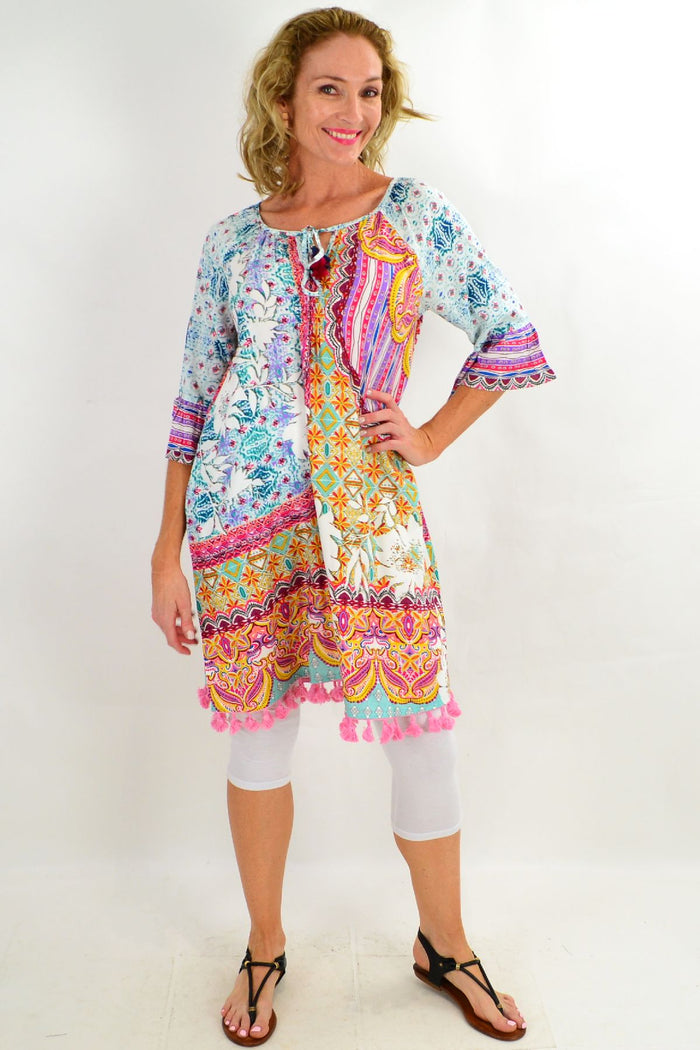 Orientique Chateau 3/4 sleeve tunic dress, lightweight and stylish, featuring a relaxed fit and elegant design, perfect for casual wear.