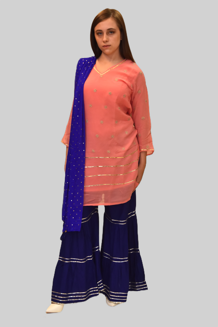 Chiffon Cotton Two Toned Salmon Pink Striped With Embroidered Kurti