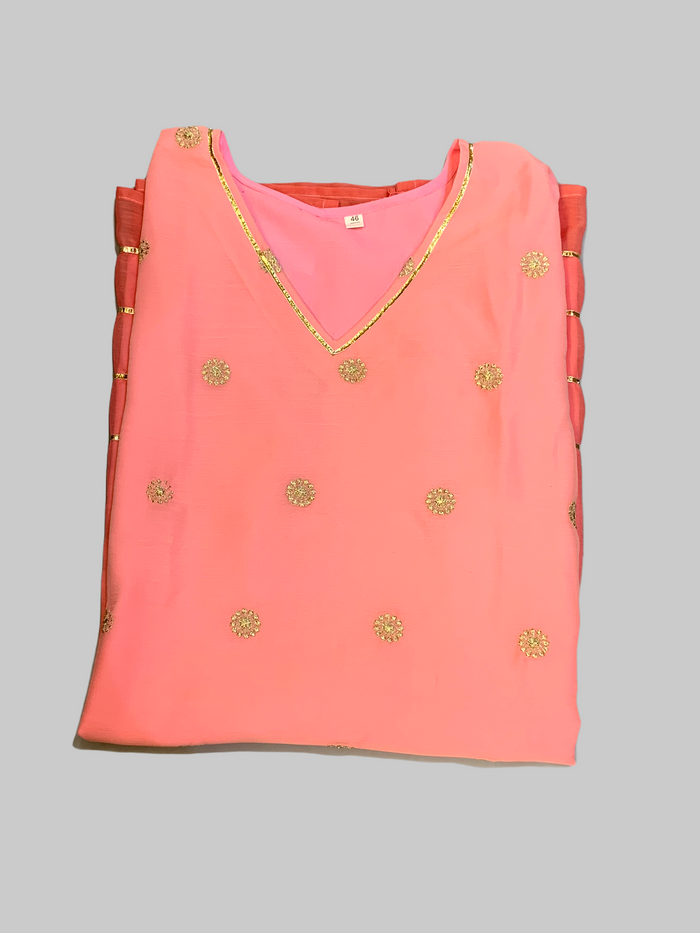 Chiffon Cotton Two Toned Salmon Pink Striped With Embroidered Kurti