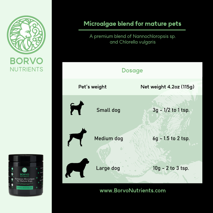 Borvo Nutrients Microalgae Blend for Mature Dogs — daily dosage guide by body weight for small, medium, and large dogs